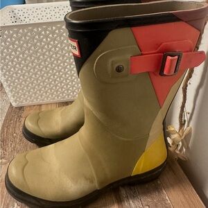 Hunter Red, Yellow, and Black Rain Boots